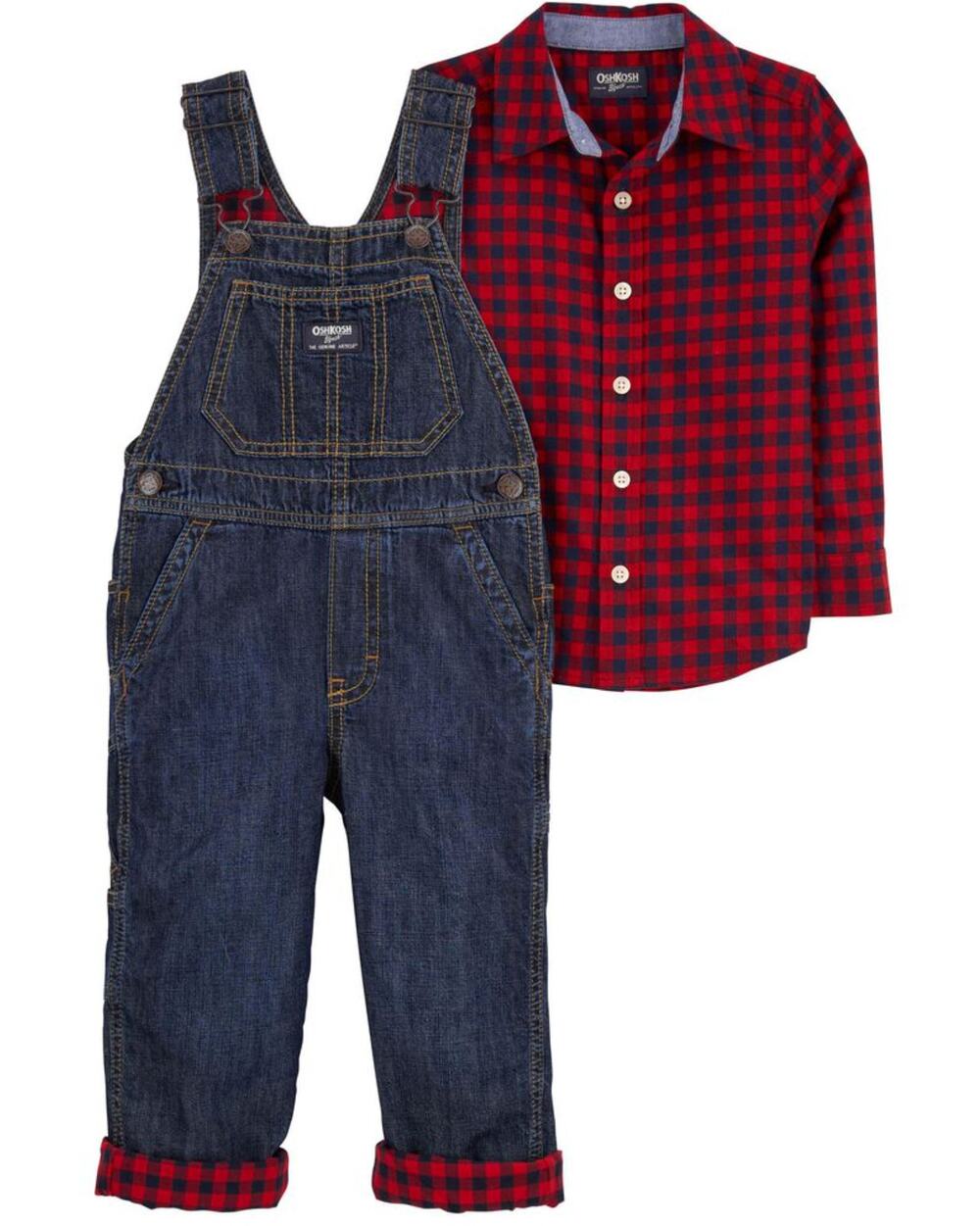 OshKosh Overalls Red Tartan Plaid Button Down with Denim Overalls 3T Toddler Boy